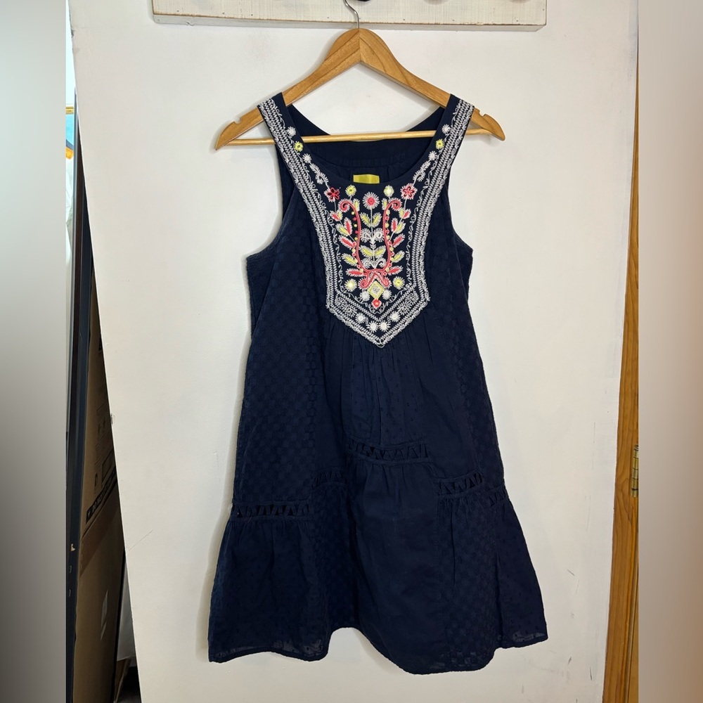 Anthropologie Maeve Tisa Navy Embroidered Cotton Swing Dress